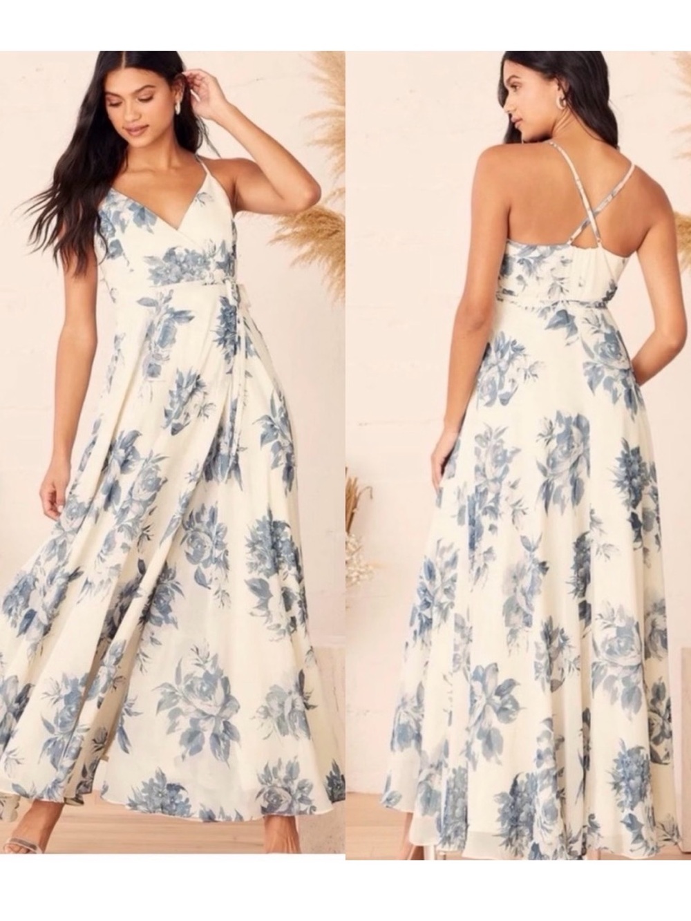 NWT Lulus Cream and Blue Floral Wrap Maxi Dress